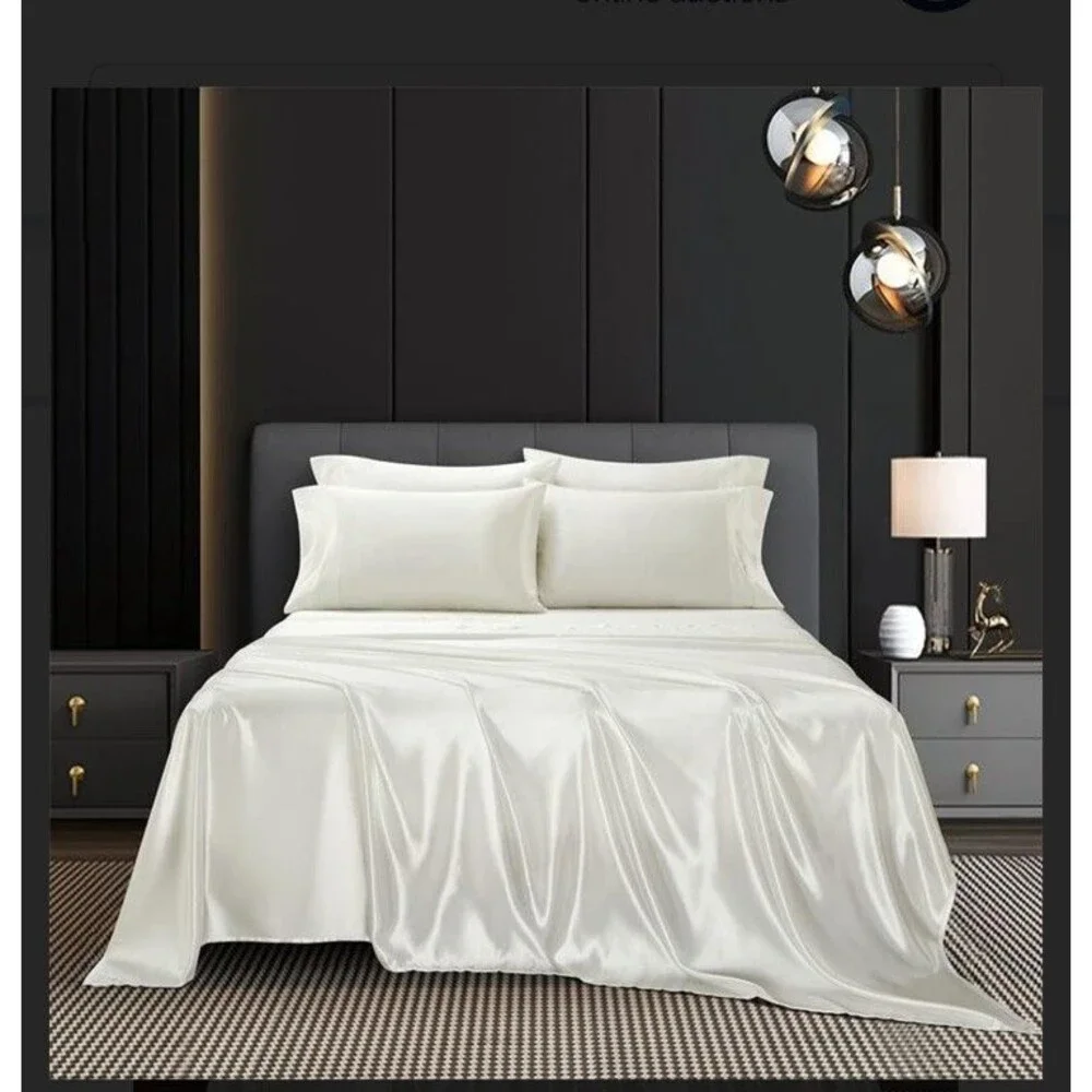 AiMay 6 Piece Satin Bedding Sheet Set Queen Off White Deep Pocket